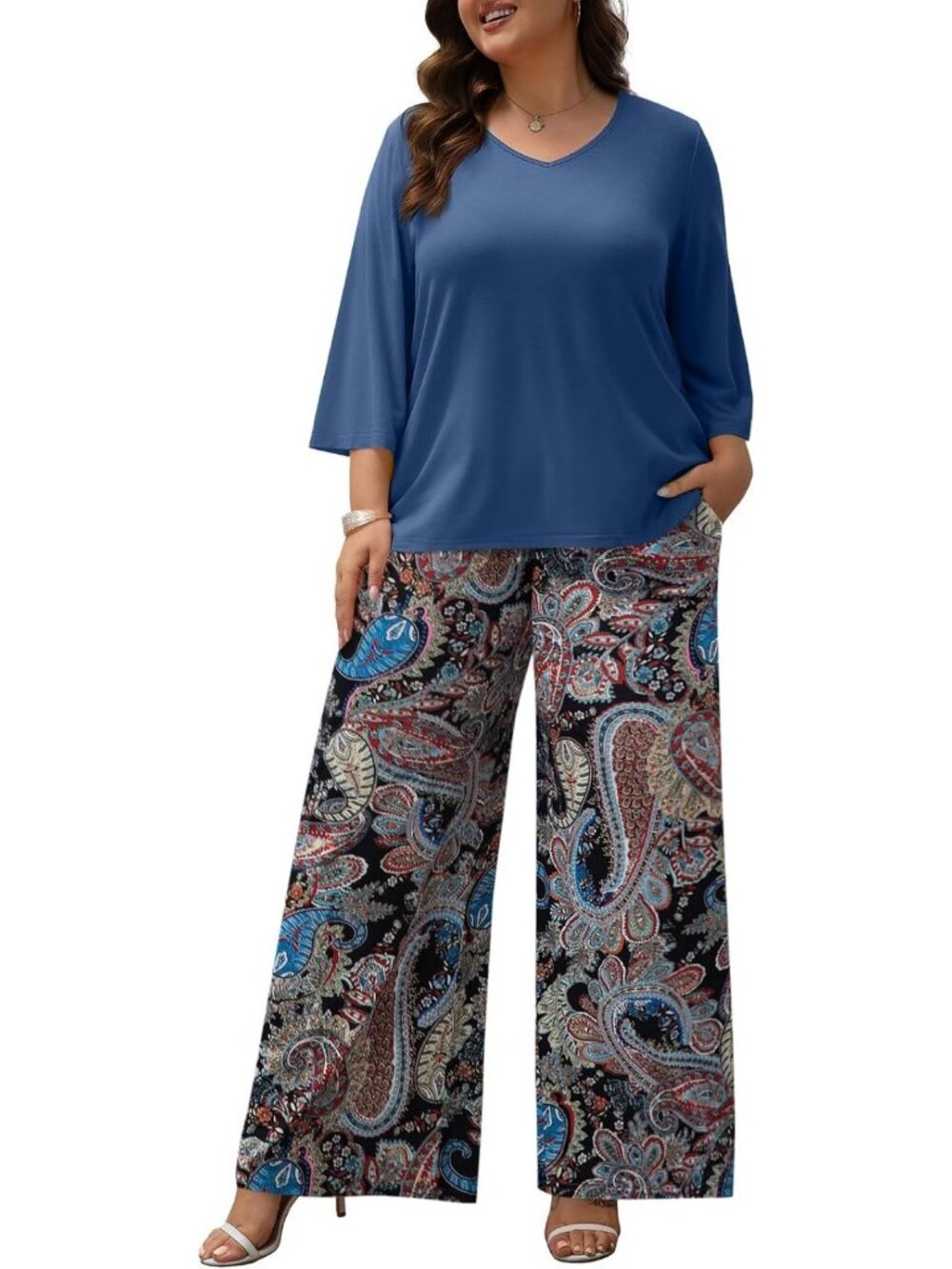 Plus Size Women's 2-Piece Floral Tunic & Wide Leg Pant Set for Travel & Lounge